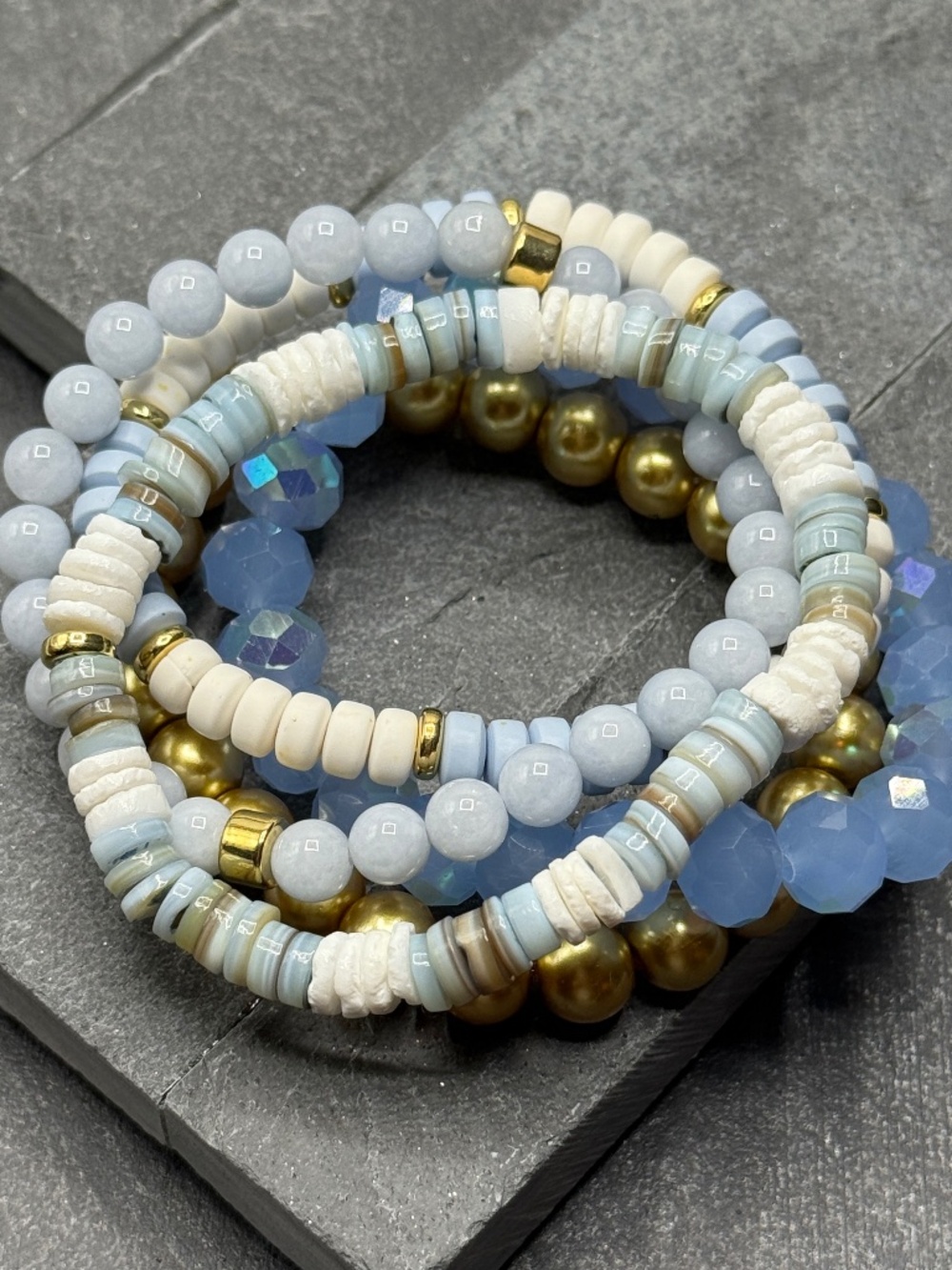 Beaded Aquamarine Bracelet Set, Stackable Boho Jewelry, Handmade & Designed